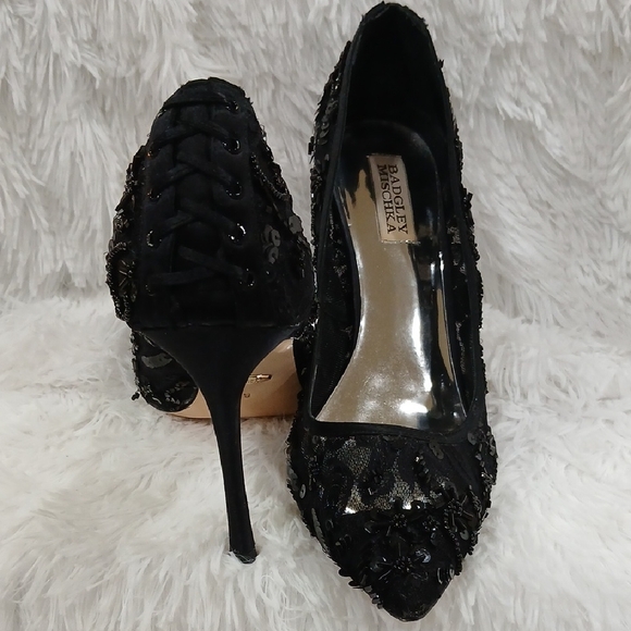 Badgley Mischka Black Sequin Lace Heels - Picture 6 of 9
